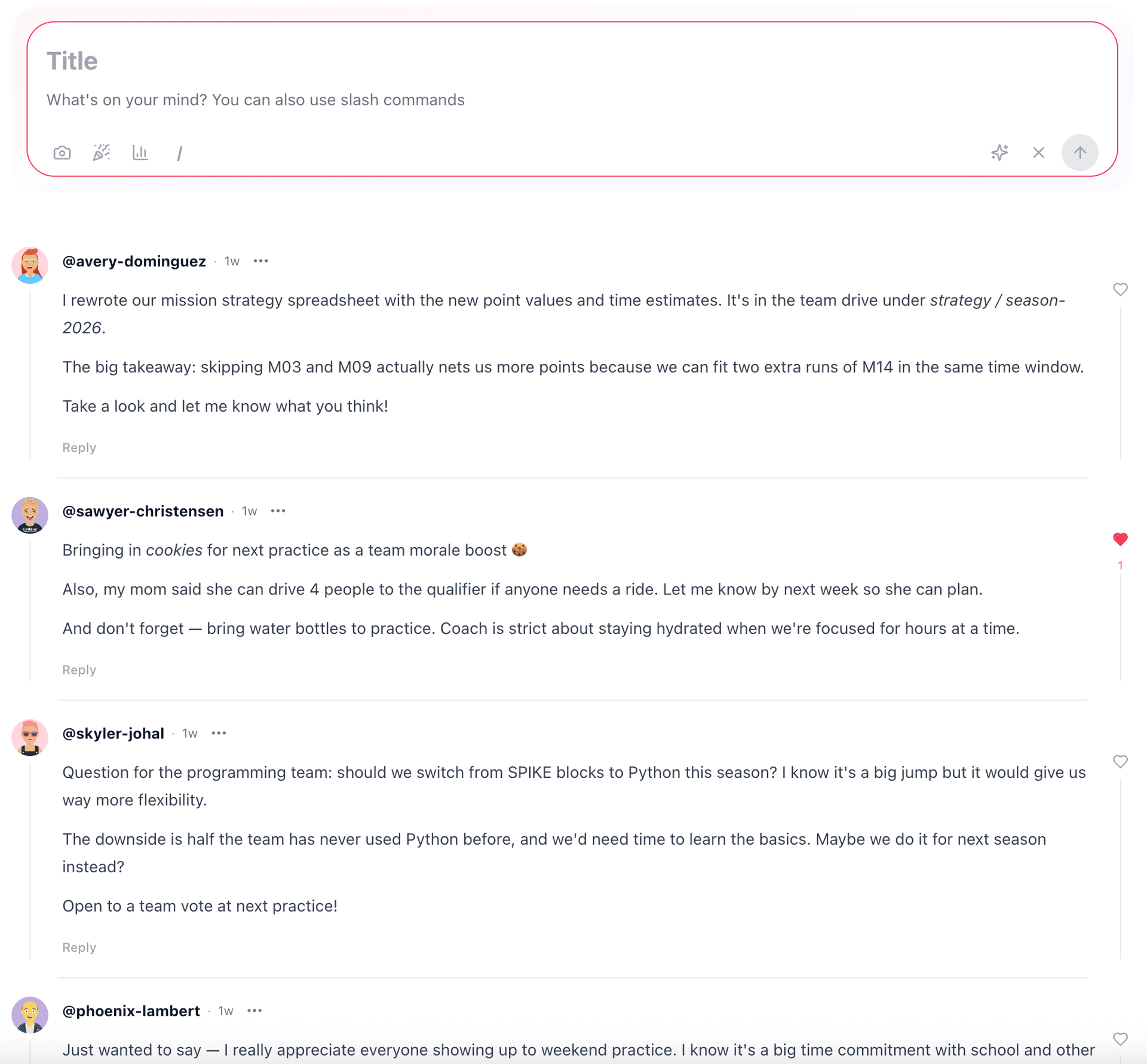 Pod command center with posts, comments, and slash commands