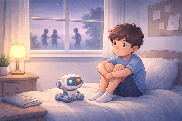 A thoughtful teen sitting alone in his room, wanting to connect with peers